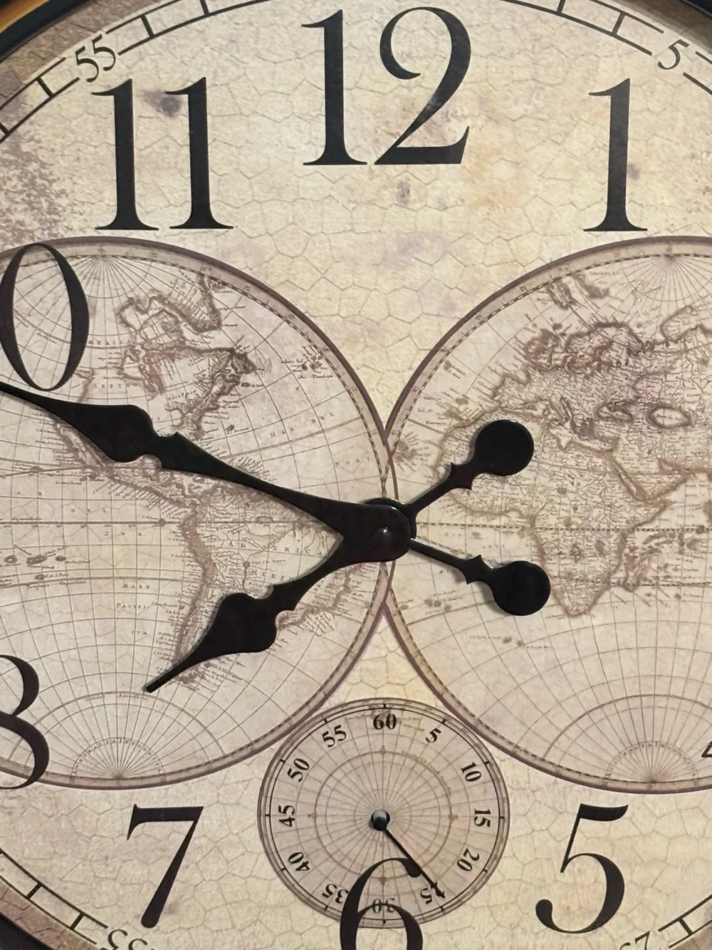 Antique World Map Wall Clock in Black and Cream - Decorative Home Clock